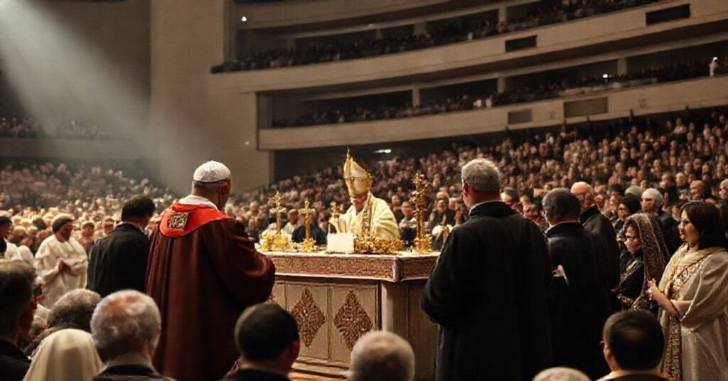 A controversial interfaith gathering during Leo XIV's Mass in Istanbul's Volkswagen Arena, critiqued as a syncretistic spectacle undermining Catholic doctrine.