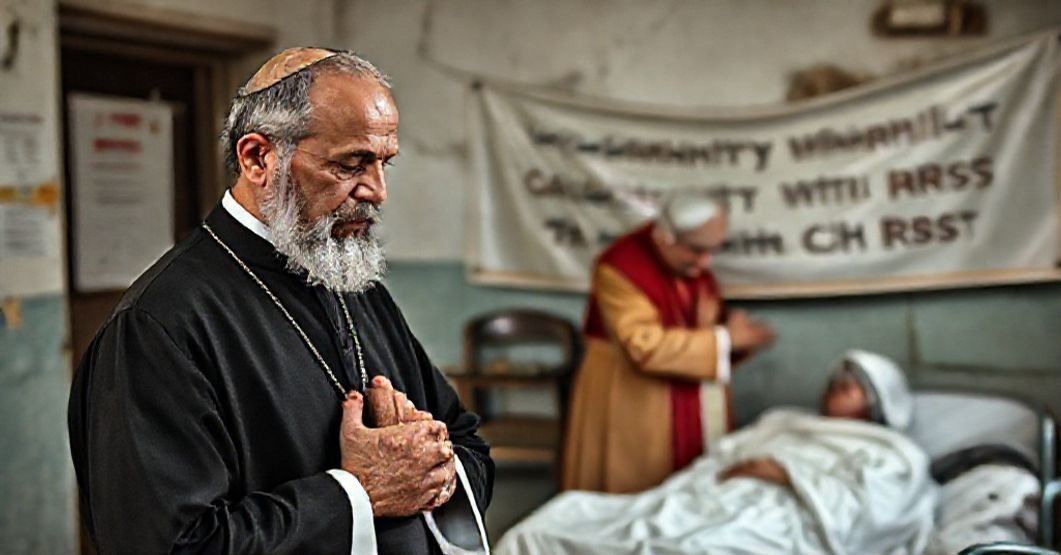 A traditional Catholic priest in prayer contrasts with antipope Leo XIV's modernist gesture of charity during a hospital visit in Lebanon.