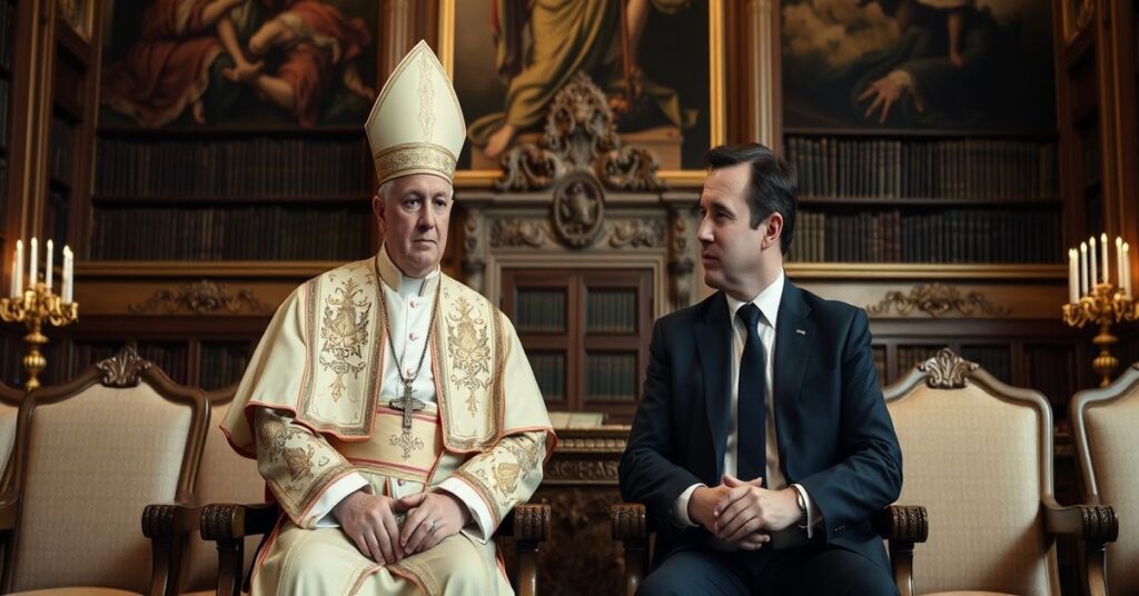 Antipope Leo XIV meeting French President Emmanuel Macron in Vatican's Apostolic Library.
