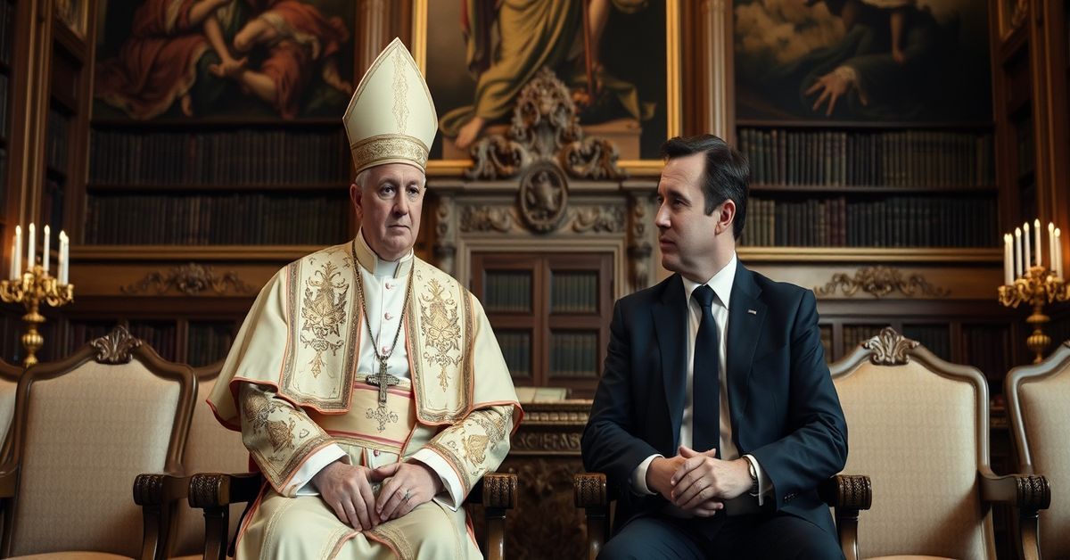 Antipope Leo XIV meeting French President Emmanuel Macron in Vatican's Apostolic Library.