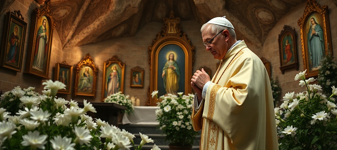 Leo XIV (Robert Prevost) leading a Rosary at the Lourdes Grotto in the Vatican Gardens, symbolizing modernist reduction of Catholic truth to humanitarian sentiment.