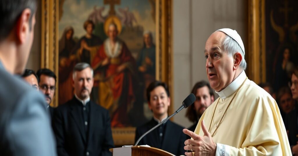 Antipope Leo XIV addressing journalists in the Vatican, promoting secularism and naturalism over Christ's social kingship.