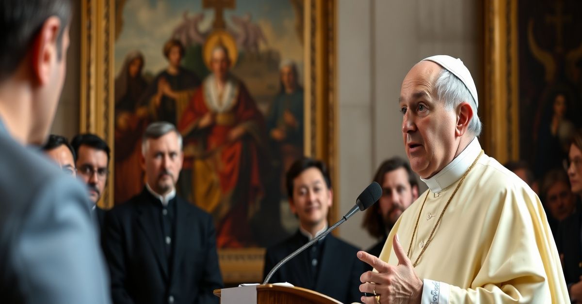 Antipope Leo XIV addressing journalists in the Vatican, promoting secularism and naturalism over Christ's social kingship.