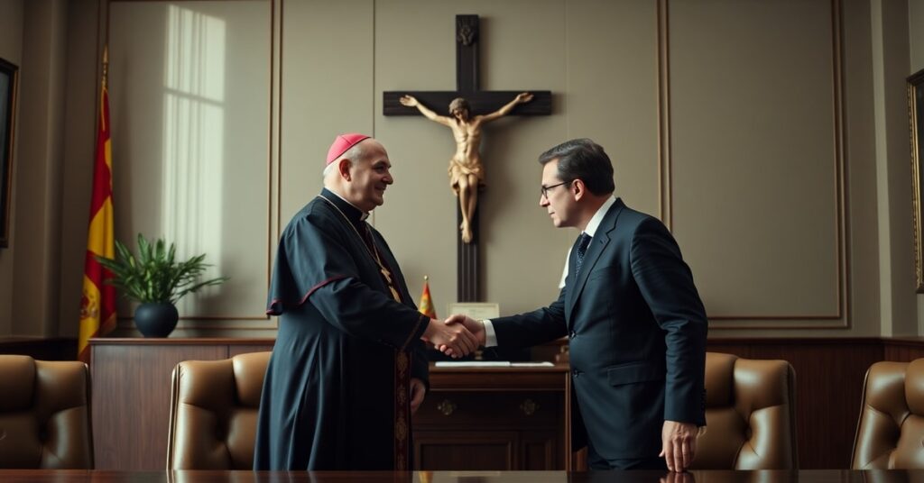 A realistic image of the usurper Leo XIV meeting Spanish socialist Prime Minister Pedro Sánchez in a government office, symbolizing the anti-church's embrace of secular power.