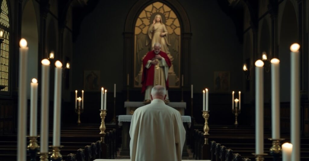 A traditional Catholic Church interior with a priest in prayer at the altar, contrasting with a usurper figure and modernist representatives.