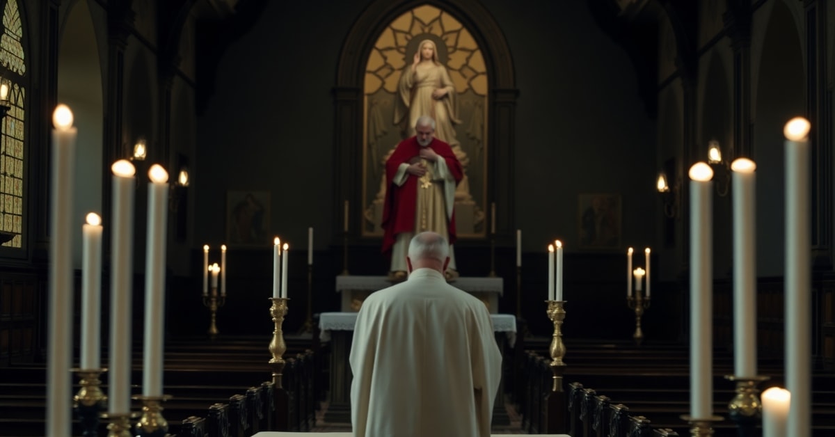 A traditional Catholic Church interior with a priest in prayer at the altar, contrasting with a usurper figure and modernist representatives.