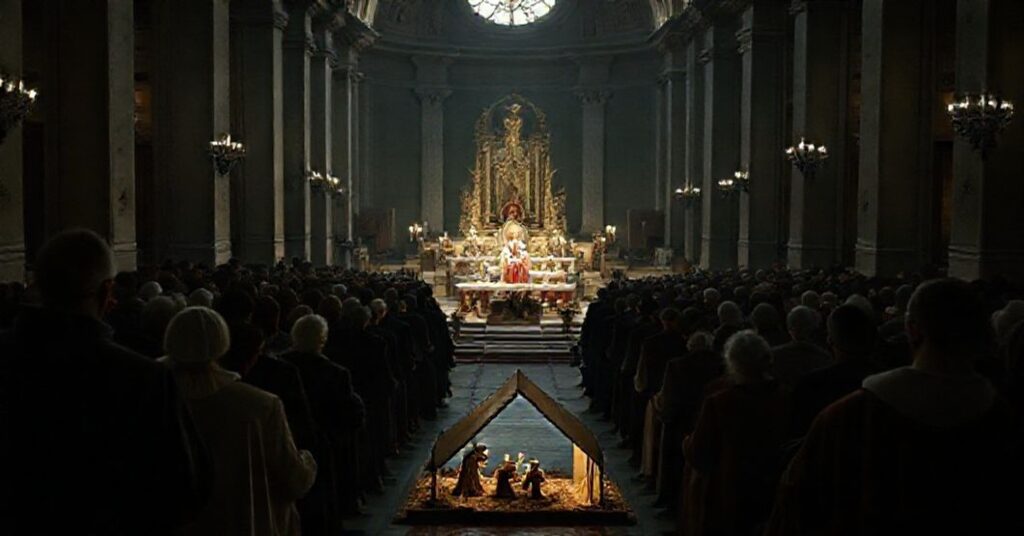 A somber depiction of a Christmas Mass in St. Peter's Basilica with Leo XIV delivering a homily that omits key Catholic teachings.