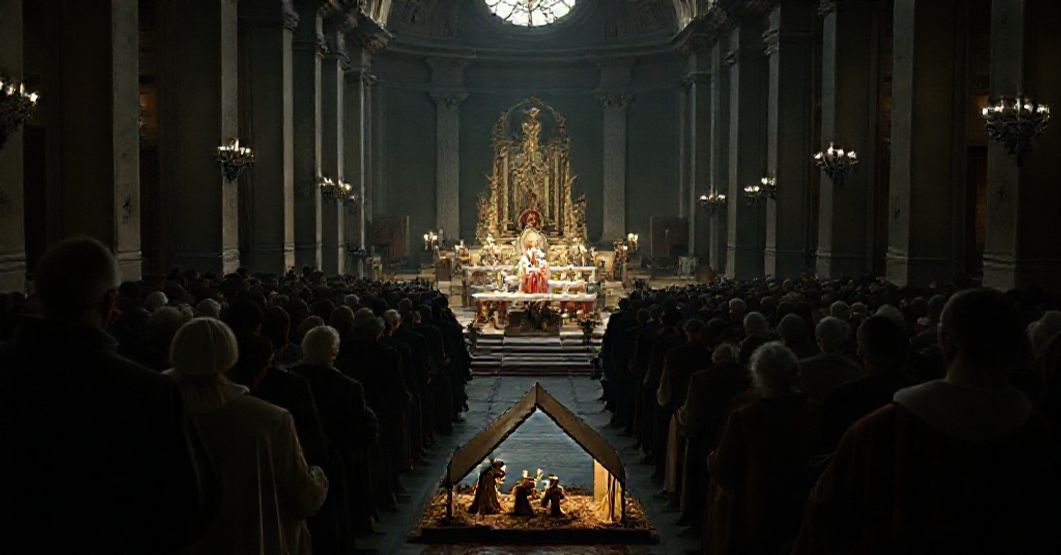 A somber depiction of a Christmas Mass in St. Peter's Basilica with Leo XIV delivering a homily that omits key Catholic teachings.