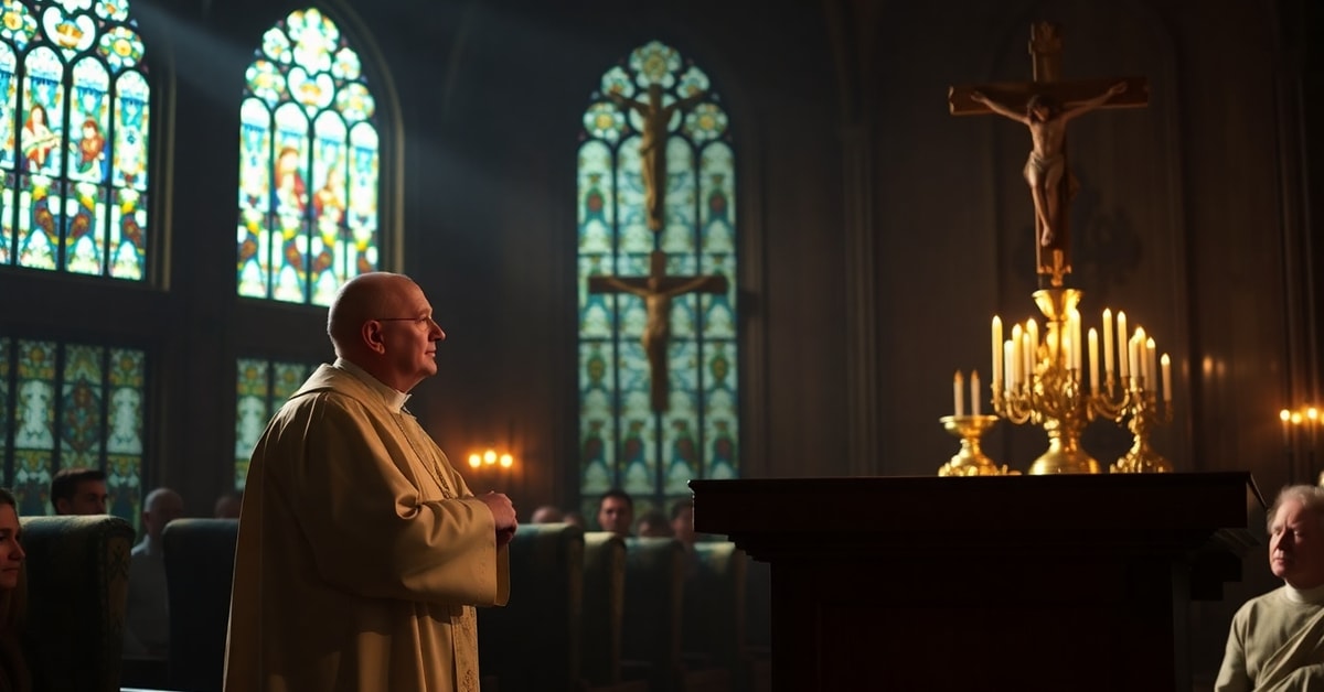 A solemn church interior with a priest delivering a message on poverty, symbolizing the absence of supernatural elements in modernist teachings.