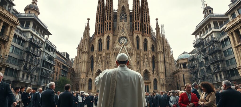 Leo XIV in front of Sagrada Família symbolizing empty faith and apostasy during his European pilgrimage.