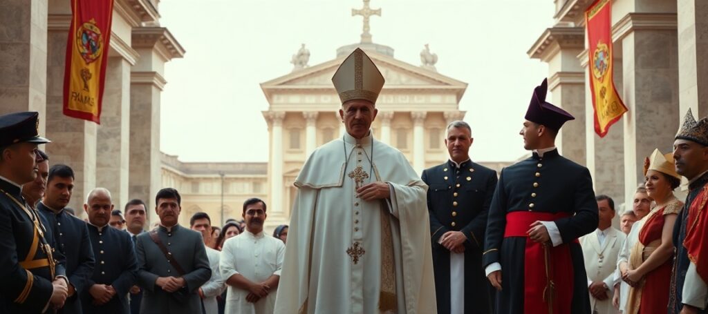 A solemn depiction of the usurper Leo XIV's 2026 visit to San Marino, highlighting Modernist apostasy and Masonic influence.