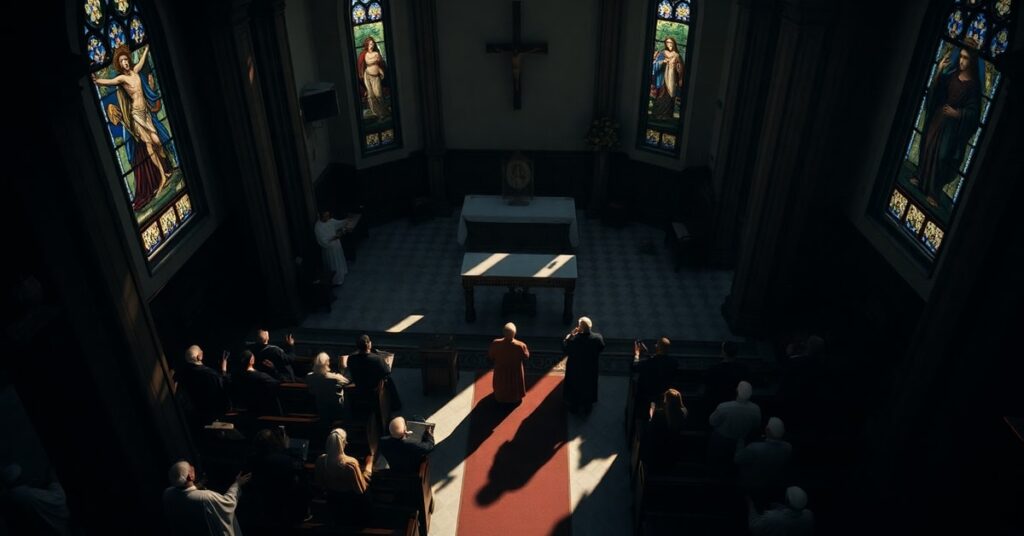 Solemn Catholic church interior contrasting Leo XIV's naturalistic sport prayer with traditional divine grace