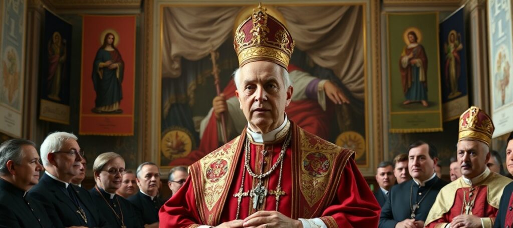 Portrait of Leo XIV (Robert Prevost) addressing officials in a Vatican hall, symbolizing modernist apostasy and the absence of Christ's Social Reign.