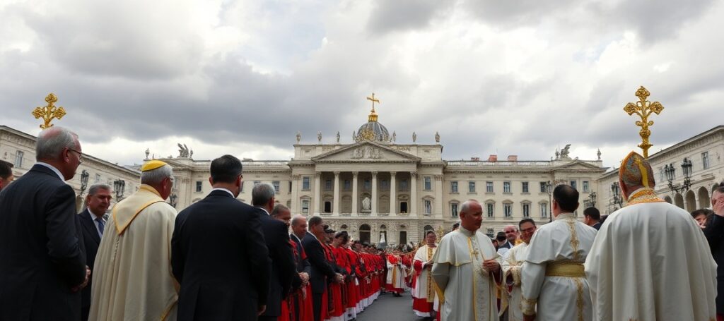 A solemn procession in Madrid during Leo XIV's visit, highlighting political tension and the Neo-Church's subservience to secular agendas.
