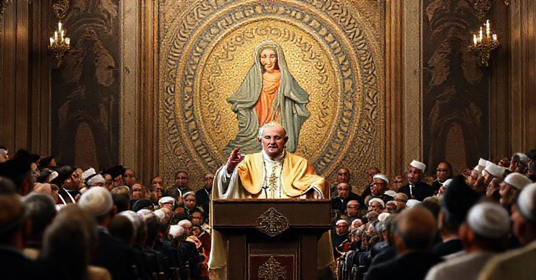 Leo XIV in Beirut promoting false ecumenism with Muslim leaders in 2025.