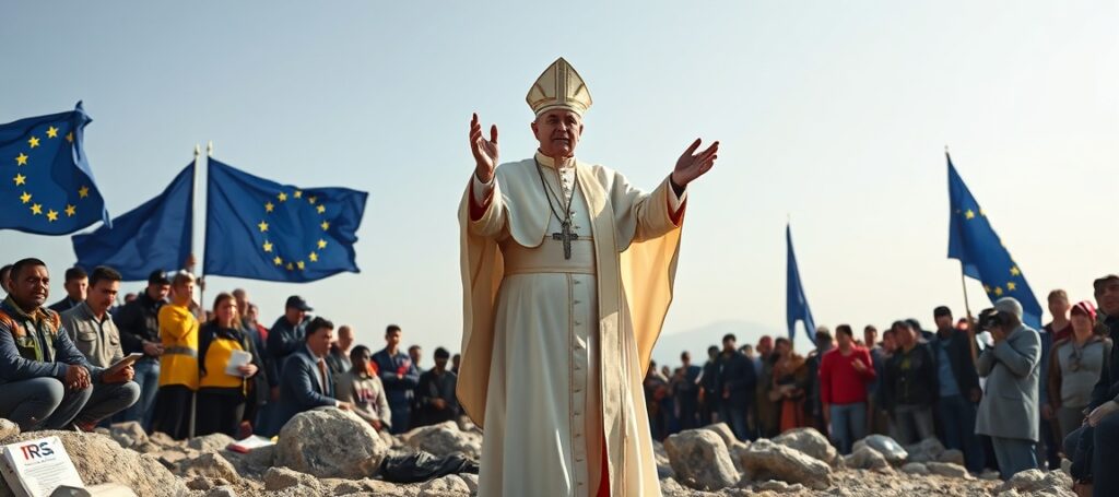 Antipope Leo XIV performing a fake blessing on Lampedusa as Jesuit Refugee Service aids migrants under Vatican and EU flags.