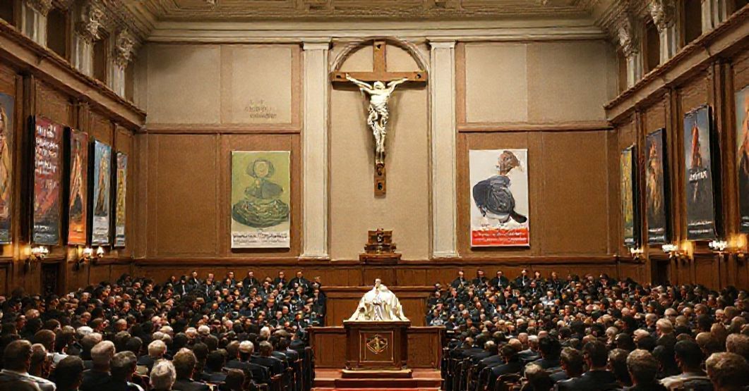A solemn lecture hall at the Lateran University during Leo XIV's address on modernist theology