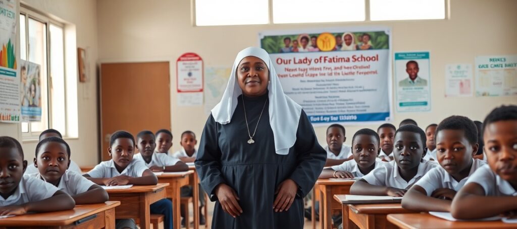 Sr. Philomena Jappah SHF standing in a Liberian Catholic school classroom promoting naturalistic education under Vatican II apostasy