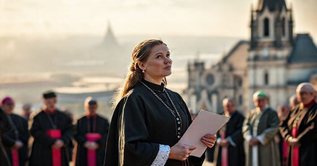 Portrait of Lithuania's Vice Minister Kristina Zamarytė-Sakavičienė in traditional Catholic attire before a cathedral, symbolizing the conflict between natural law ethics and divine authority.