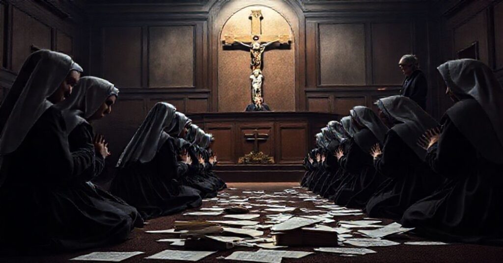 Little Sisters of the Poor kneeling in prayer amidst legal documents in a courtroom, symbolizing their futile battle against contraceptive mandates and deeper apostasy.
