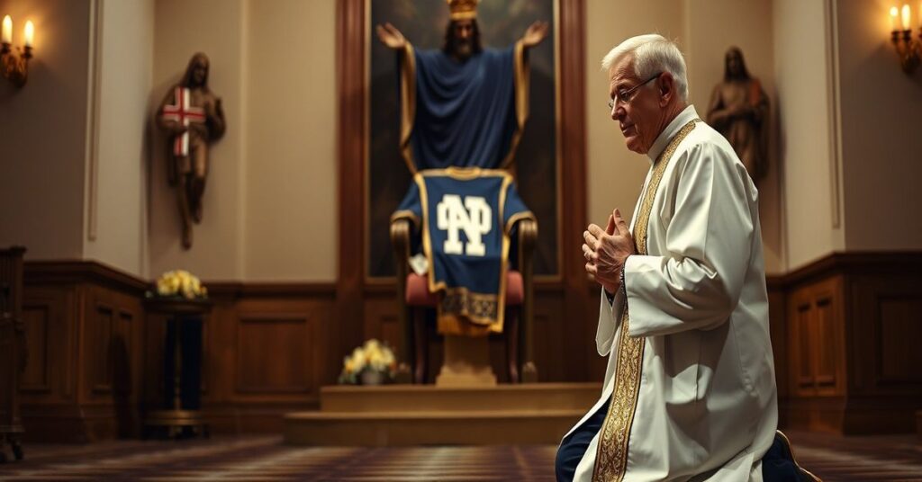 Portrait of Lou Holtz kneeling in prayer before a statue of Christ the King, with a Notre Dame football jersey in the background.