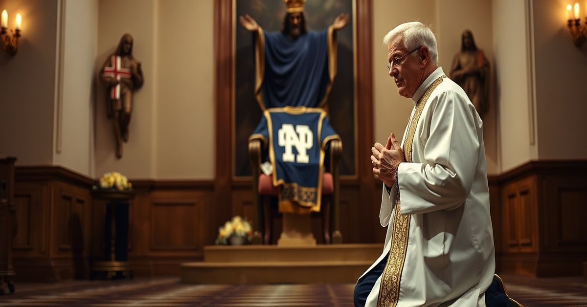 Portrait of Lou Holtz kneeling in prayer before a statue of Christ the King, with a Notre Dame football jersey in the background.