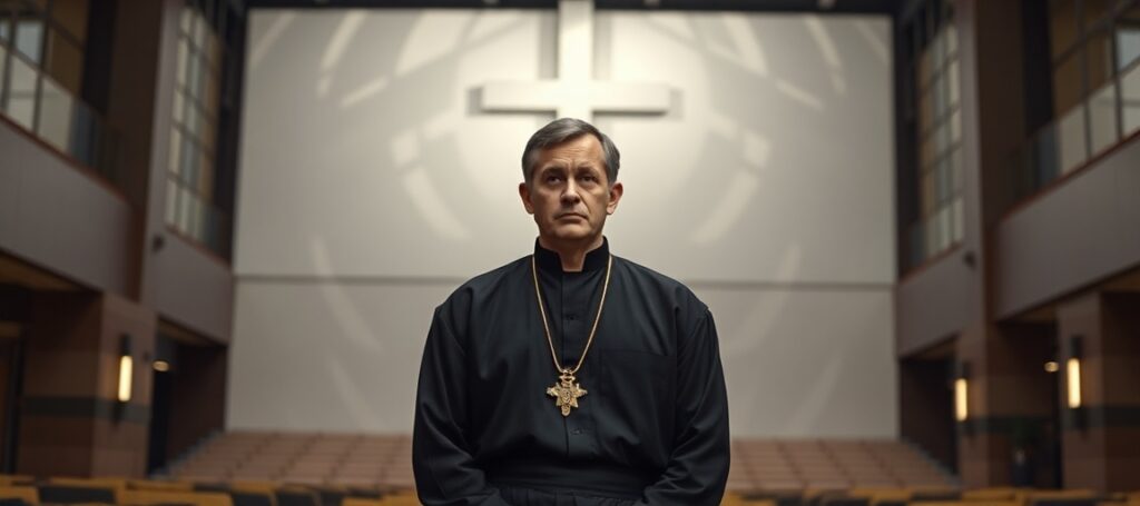 A Jesuit in traditional attire stands before a modernist backdrop symbolizing the shift from supernatural Catholic values to secular humanism at Loyola University.