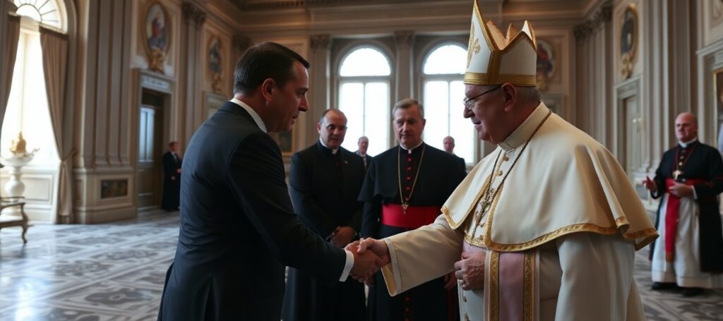 Usurper Robert Prevost as 'Pope Leo XIV' shakes hands with French President Emmanuel Macron in the Vatican's Apostolic Palace.