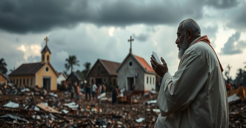 Catholic priest praying amidst the ruins of a church after Tropical Cyclone Gezani in Madagascar.