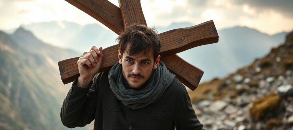 Young man Maël Le Lagadec carrying a heavy wooden cross up a mountain in the Pyrenees, symbolizing faith and perseverance against secular opposition.