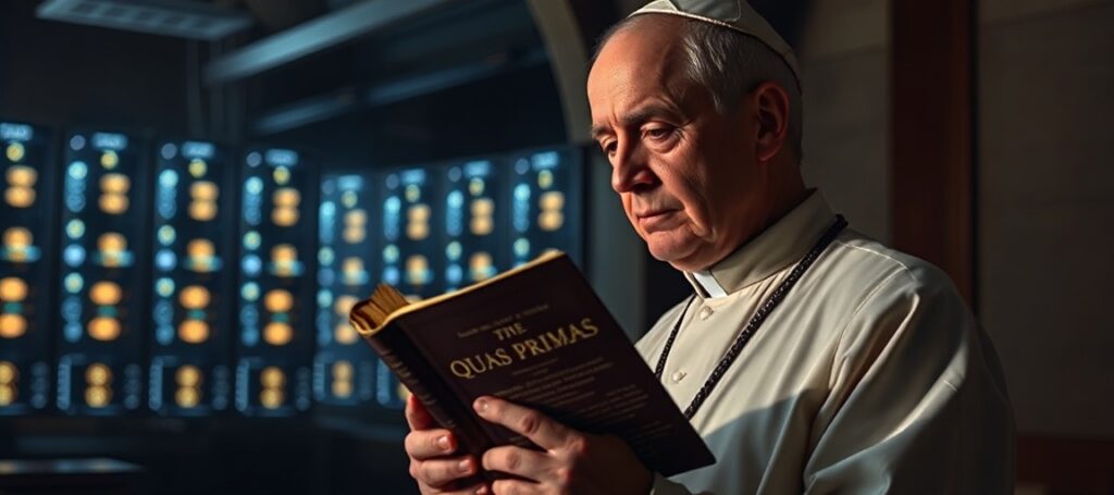 A traditional Catholic priest in a chapel holding Quas Primas while gazing at a futuristic AI server farm, symbolizing the betrayal of Christ's Kingship by Pope Leo XIV's encyclical Magnifica Humanitas.