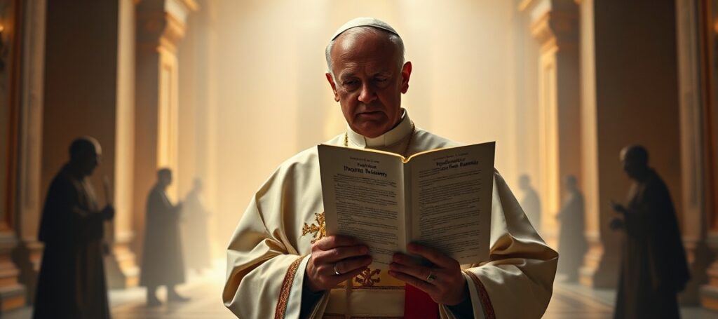 A Catholic priest in traditional vestments holds Leo XIV's Magnifica Humanitas encyclical, contrasting with fading secular figures in a dim Vatican hall.