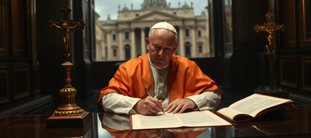 A solemn image of "Pope" Leo XIV signing the heretical encyclical *Magnifica Humanitas*, symbolizing the conciliar sect's rejection of Christ's Kingship.