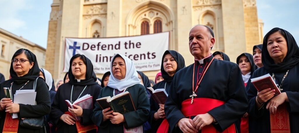 Maltese pro-life activists in traditional Catholic attire praying before a cathedral, symbolizing the struggle against abortion and euthanasia in a nominally Catholic nation.