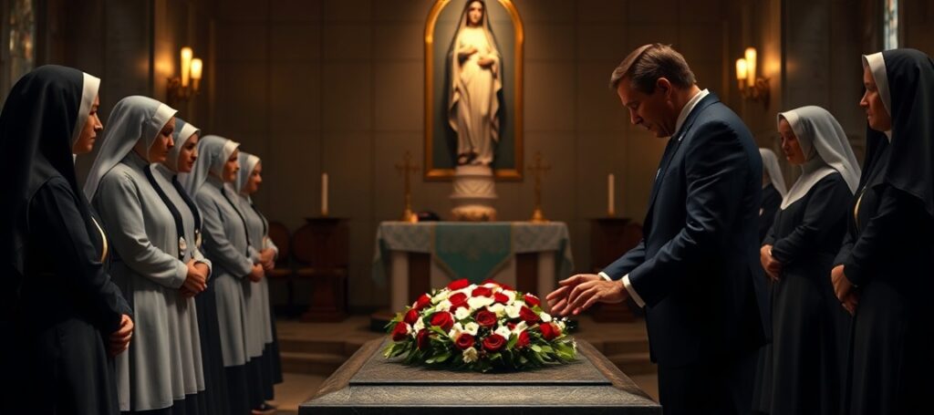 U.S. Secretary of State Marco Rubio at Mother Teresa's tomb in Kolkata beneath a statue of Our Lady of Fátima