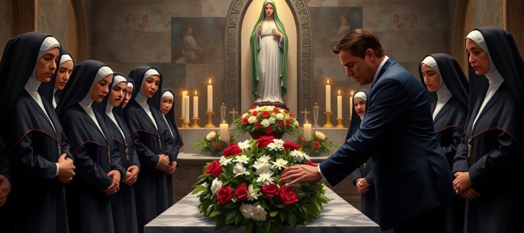 U.S. Secretary of State Marco Rubio at Mother Teresa's tomb in Kolkata, surrounded by Missionaries of Charity nuns and a statue of Our Lady of Fatima.