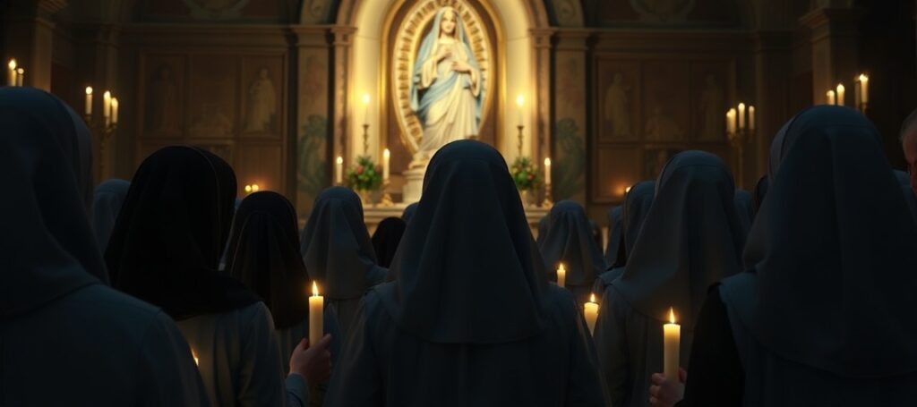 Marian Franciscan friars and sisters praying in a candlelit chapel with a statue of Our Lady of the Immaculate Conception.