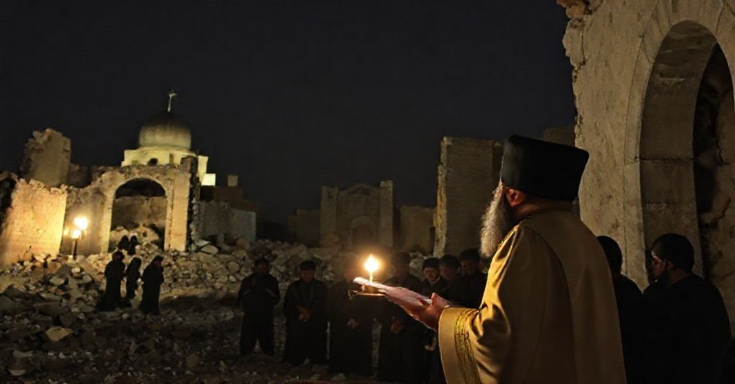 A somber Maronite Qurbono ceremony at St. Maron's Shrine in war-torn Syria with Father Ghandi Mahanna preaching to a small group of worshipers surrounded by ancient ruins and Syrian security forces.