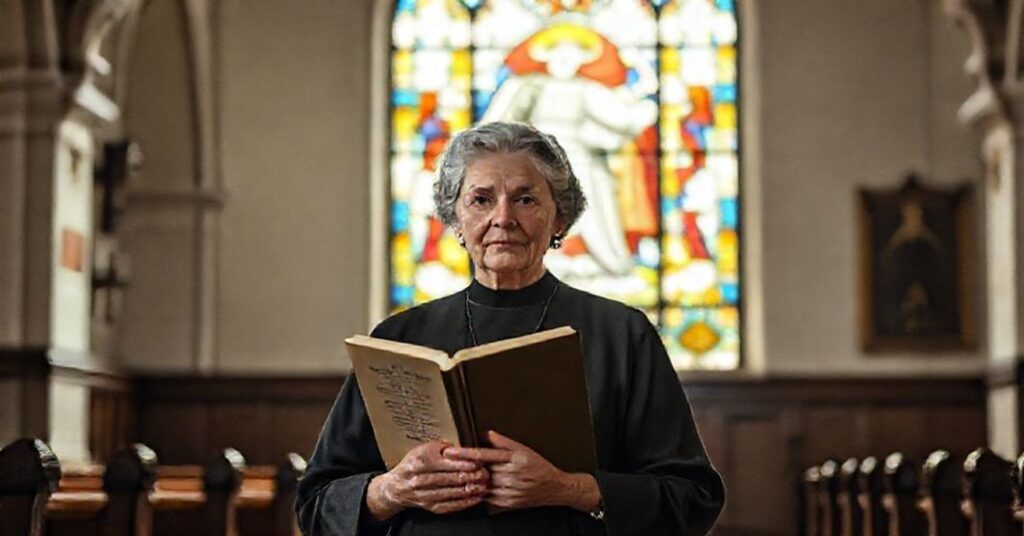 A reverent portrait of Marthe de Noaillat holding Pius XI's encyclical Quas primas in a traditional Catholic church with a stained-glass window of Christ the King.