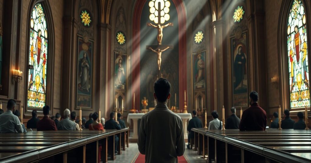 A solemn Catholic church interior with sunlight streaming through stained-glass windows, highlighting Akash Bashir in traditional martyr's attire praying before a crucifix.