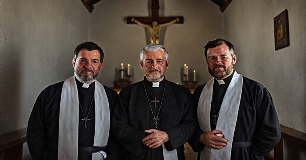 A reverent depiction of martyrs Alessandro Dordi, Michał Tomaszek, and Zbigniew Strzałkowski in a humble Peruvian chapel.