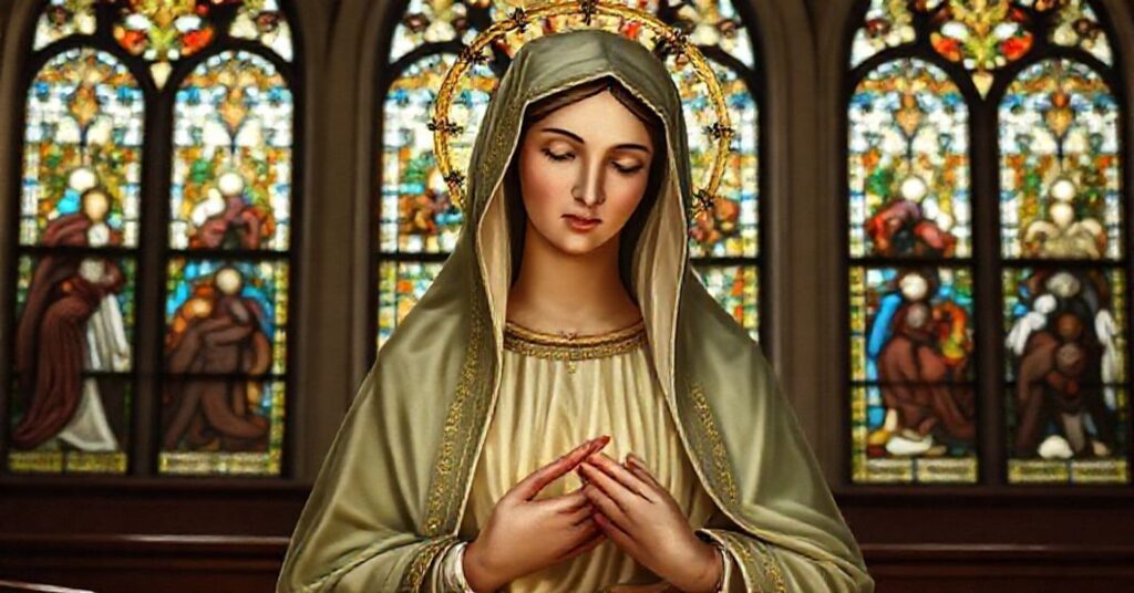 Traditional Catholic depiction of the Blessed Virgin Mary as Co-redemptrix and Mediatrix of All Graces in a pre-Vatican II chapel setting.