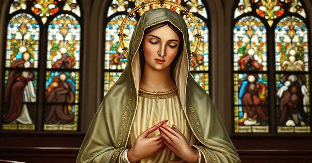 The Blessed Virgin Mary as Co-redemptrix and Mediatrix of All Graces Traditional Catholic depiction of the Blessed Virgin Mary as Co-redemptrix and Mediatrix of All Graces in a pre-Vatican II chapel setting.