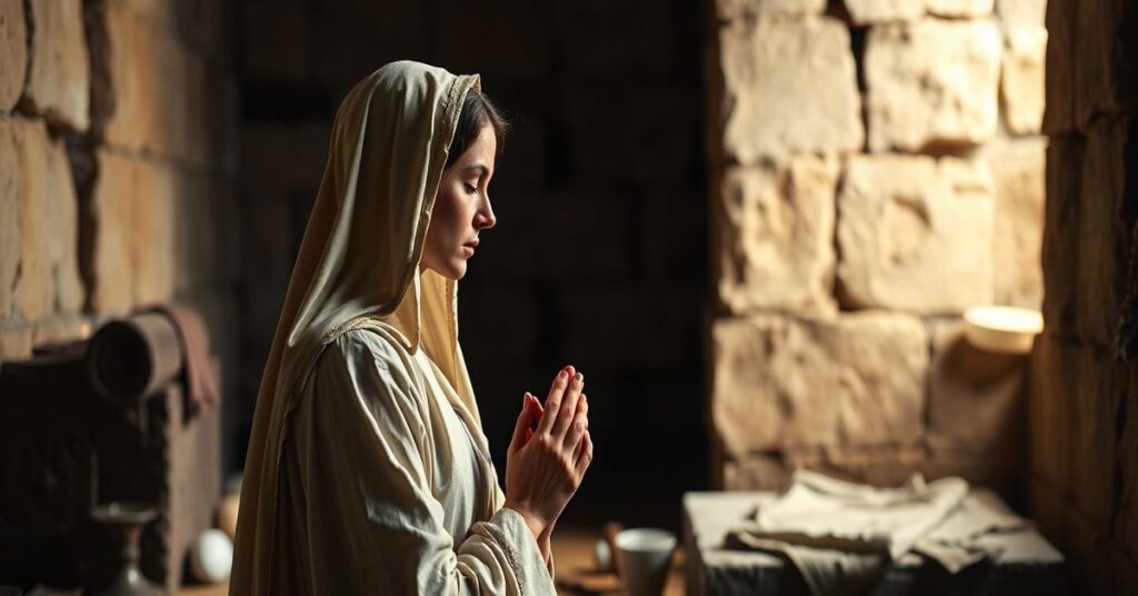Mary Magdalene at the empty tomb on Easter Sunday, filled with sorrow and longing in a traditional Catholic depiction.