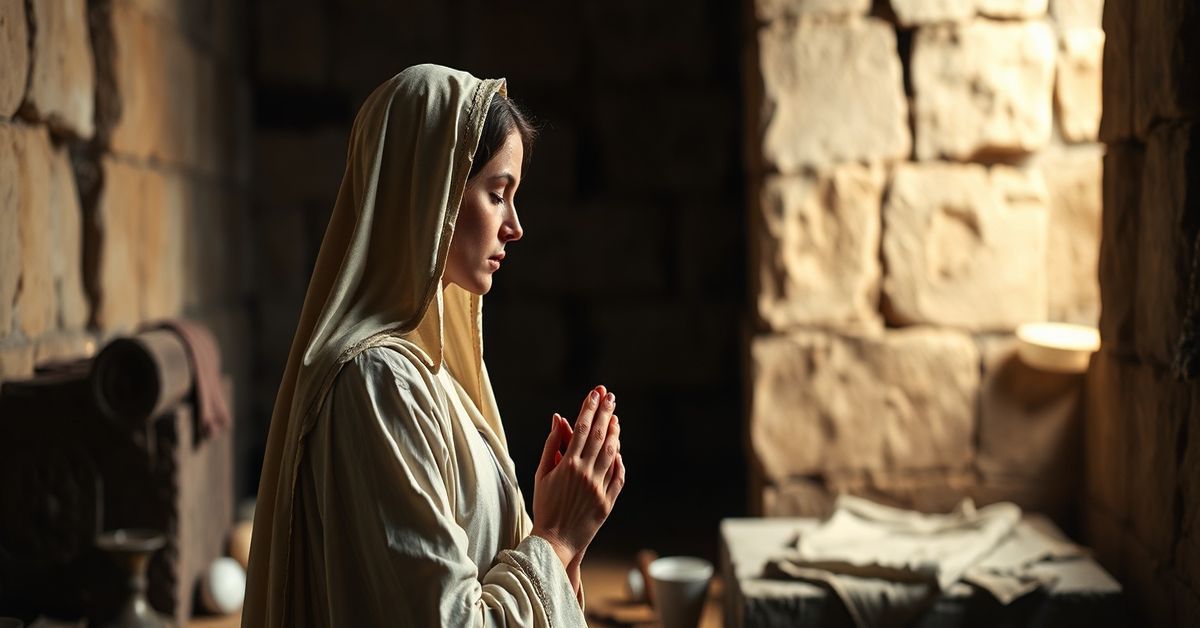 Mary Magdalene at the empty tomb on Easter Sunday, filled with sorrow and longing in a traditional Catholic depiction.