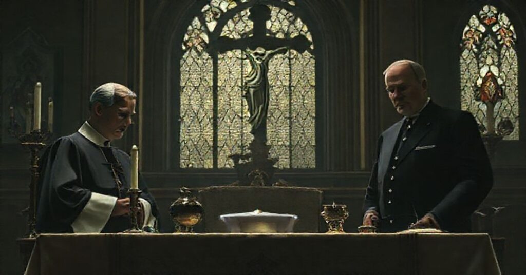A solemn Catholic scene depicting Robert George resigning from the Heritage Foundation board, framed by a traditional altar with sacred vessels and a crucifix.