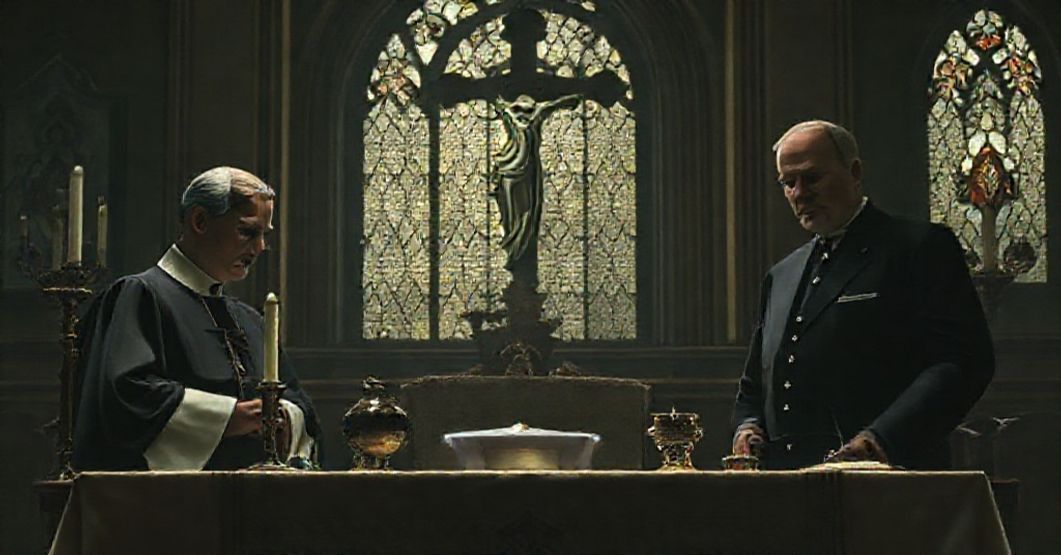 A solemn Catholic scene depicting Robert George resigning from the Heritage Foundation board, framed by a traditional altar with sacred vessels and a crucifix.