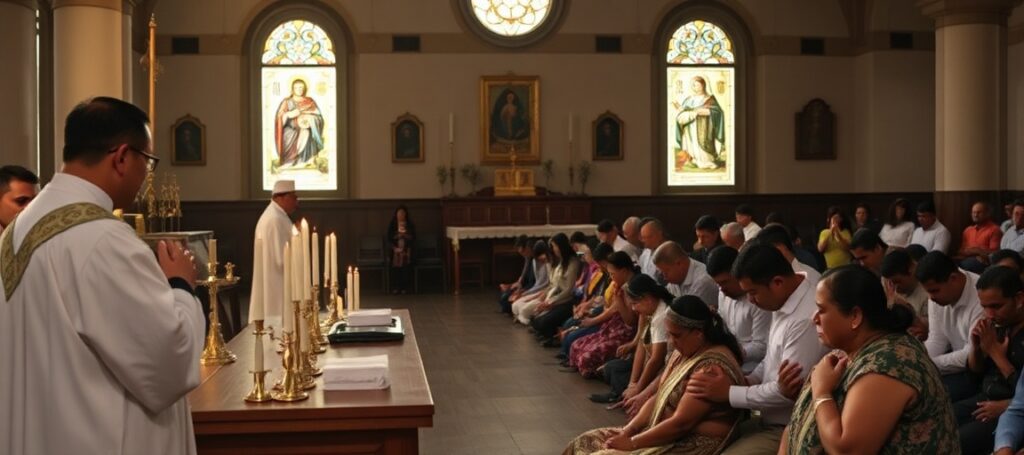 A reverent depiction of a Mass of Reparation in Catacaos, Peru, with indigenous Tallán communities and conciliar officials including Fr. Jordi Bertomeu Farnós and antipope Leo XIV (Robert Francis Prevost).