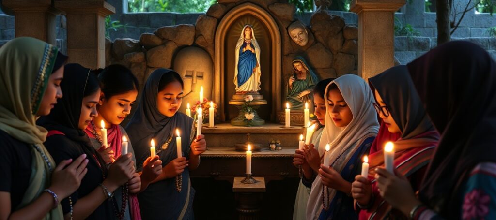 Young Bangladeshi Catholics praying the rosary in a grotto under candlelight, emphasizing Marian devotion in a Muslim-majority nation.