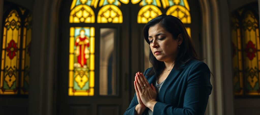 Mayra Rodríguez, former Planned Parenthood director turned pro-life advocate, stands prayerfully in front of a pre-conciliar Catholic church, symbolizing her conversion and call to sacramental repentance.